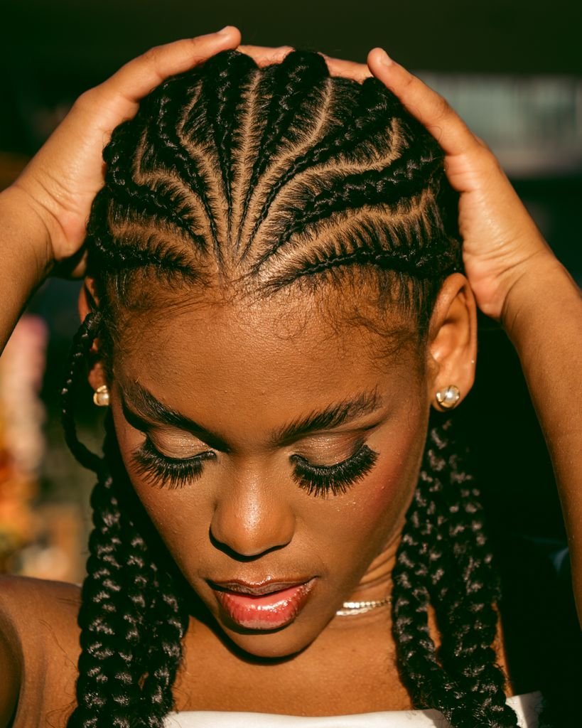 Precision stitch cornrows with clean slotted parting lines